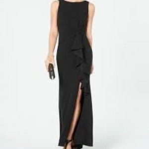 Betsy & Adam Scuba Crepe Black Ruffled Bow Gown  size 6